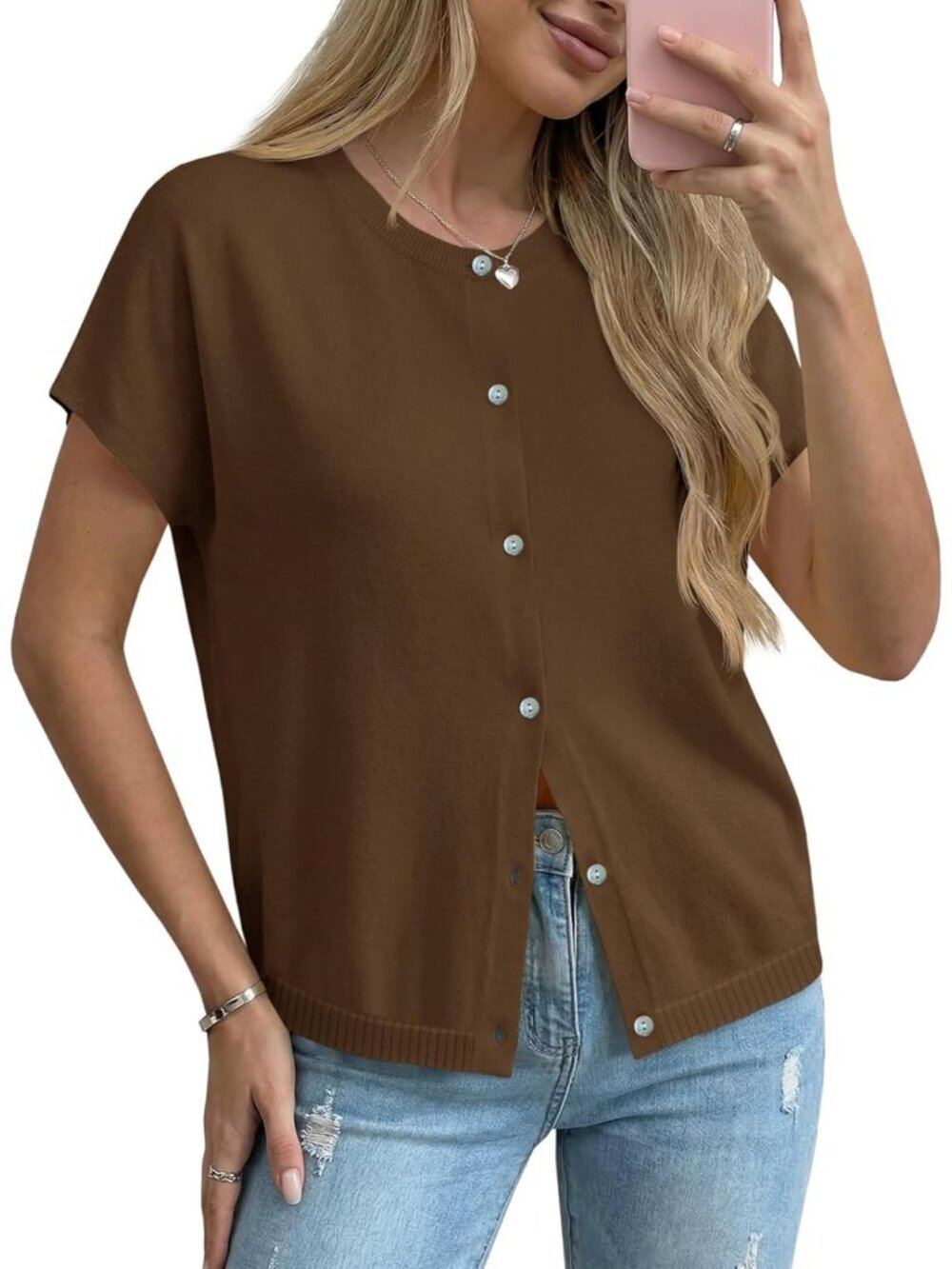 Women's Coffee Short Sleeve Crew Neck Button Down Imported Cardigans Sweaters
